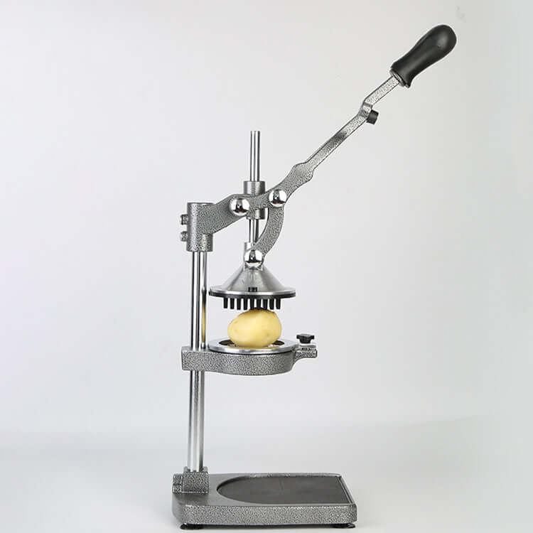 Heavy-duty stainless steel manual fruit juicer with lever, designed for efficient citrus juice extraction.