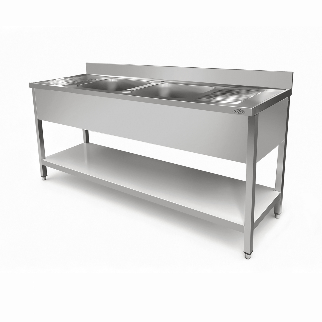 KRD Commercial Sink Stainless steel 2 bowls Bottom shelf Splashback 1400mm Depth 700mm THSTR147BM2