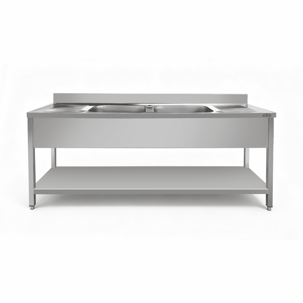 KRD Commercial Sink Stainless steel 2 bowls Bottom shelf Splashback 1400mm Depth 700mm THSTR147BM2