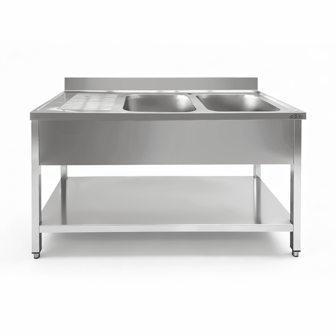 KRD Commercial Sink Stainless steel 2 bowls Right Bottom shelf Splashback 1400mm Depth 700mm