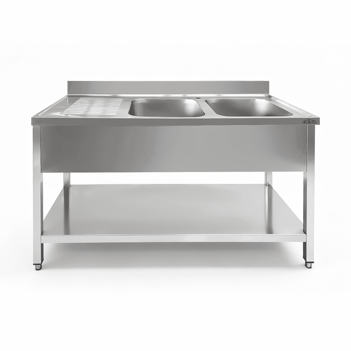 KRD Commercial Sink Stainless steel 2 bowls Right Bottom shelf Splashback 1400mm Depth 700mm
