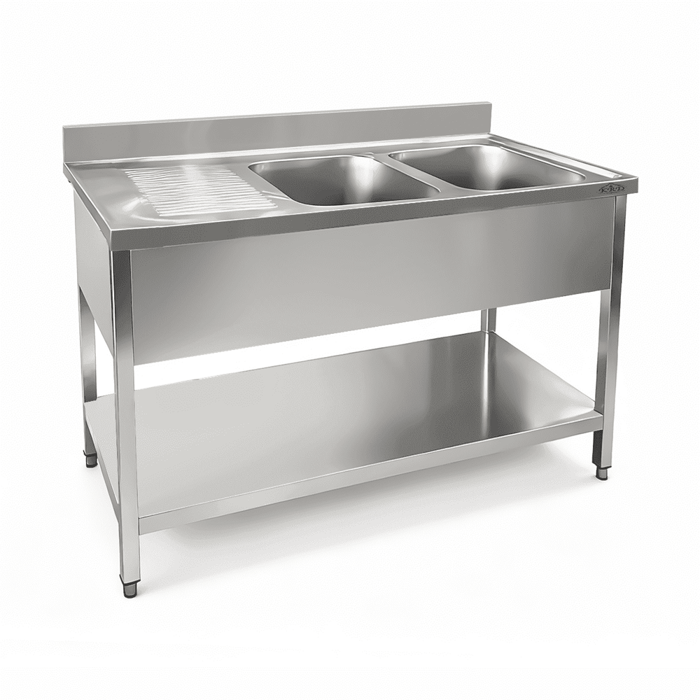 KRD Commercial Sink Stainless steel 2 bowls Right Bottom shelf Splashback 1400mm Depth 700mm