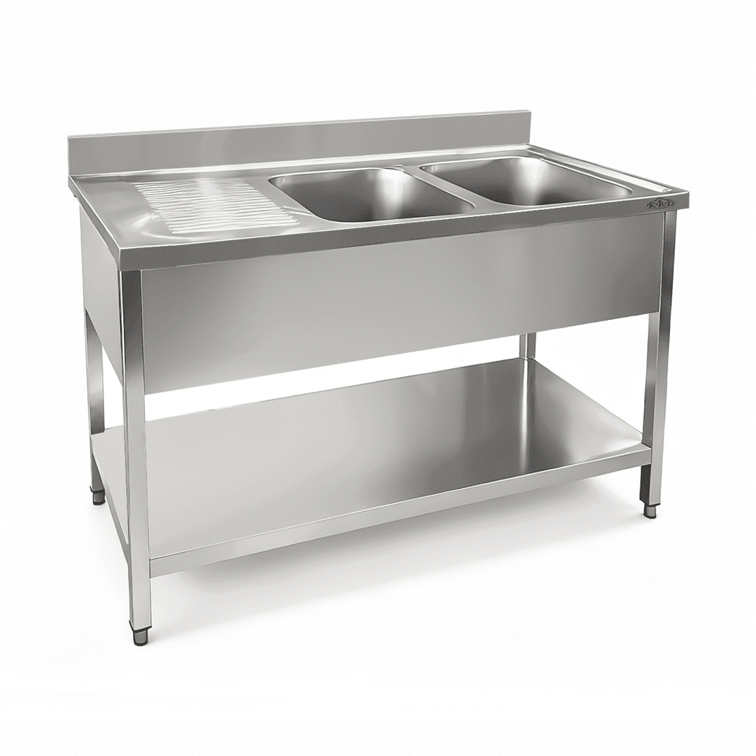 KRD Commercial Sink Stainless steel 2 bowls Right Bottom shelf Splashback 1400mm Depth 700mm