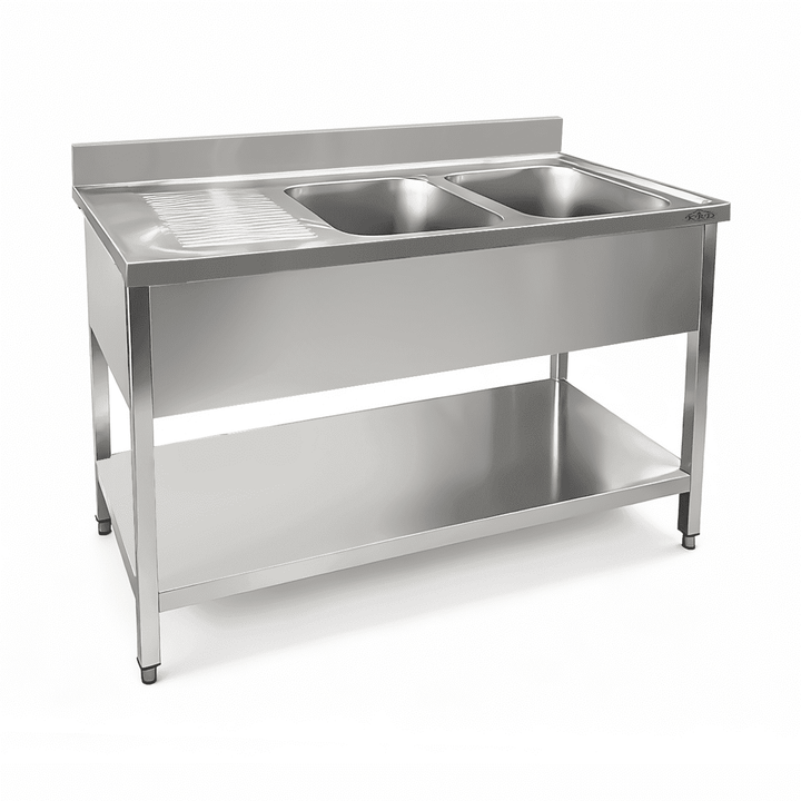 KRD Commercial Sink Stainless steel 2 bowls Right Bottom shelf Splashback 1400mm Depth 700mm