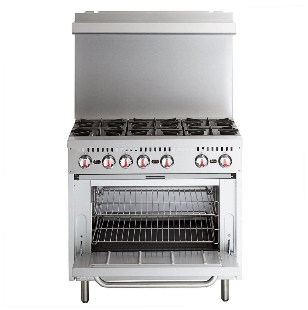 KRD Professional Stainless Steel Gas Range Oven (8kW/hr) with 6 Burners (36kW/hr) and Removable Overshelf