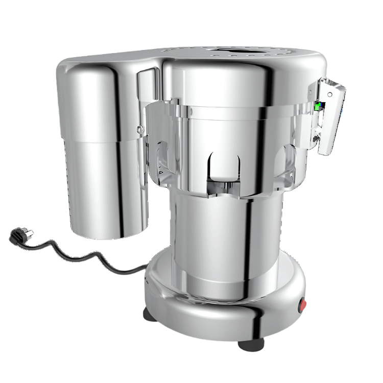 KRD Professional Electric Heavy Duty Juice Extractor with shiny silver finish and lever for easy citrus juice extraction.