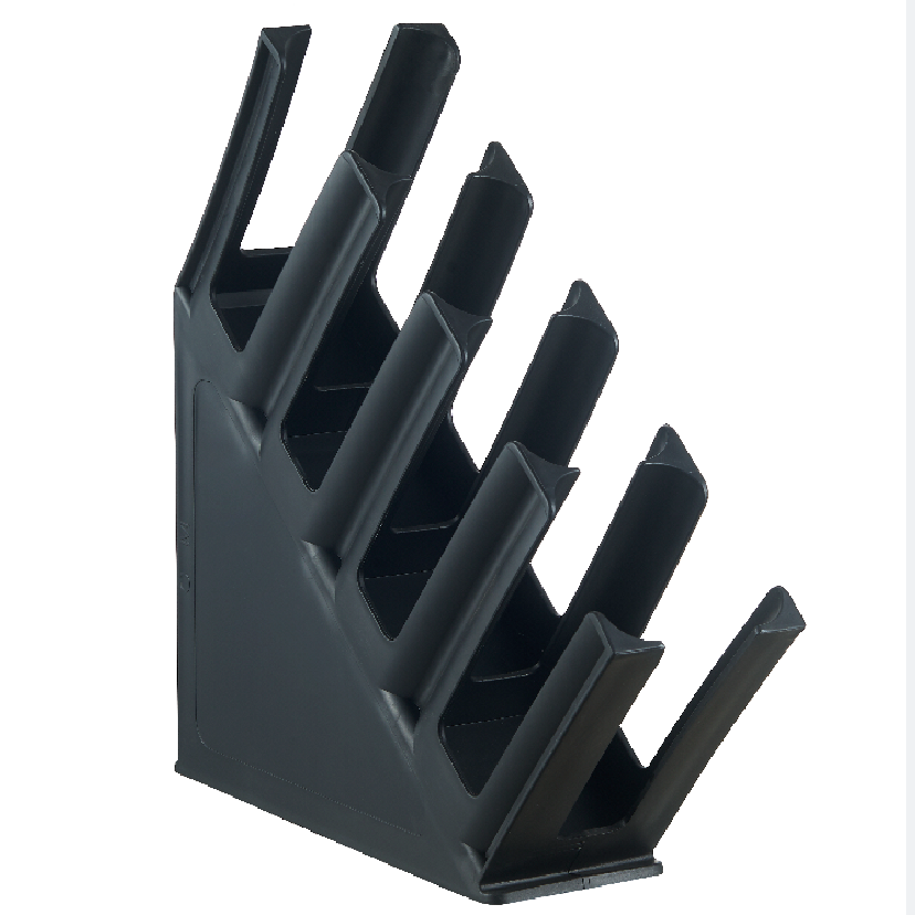 KRD Tilted Coffee Cup Holder Rack 4 Slot Black Polypropylene (Pack of 4) for organizing beverage cups in commercial settings.