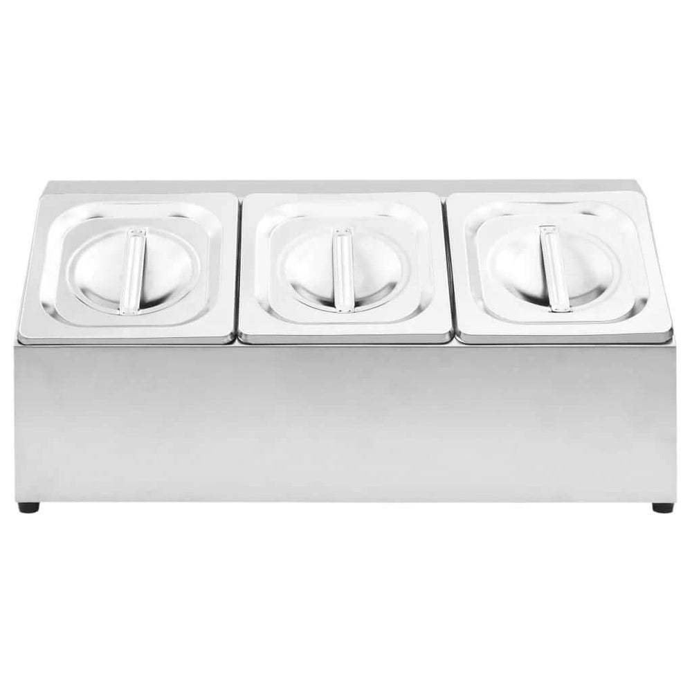 KRD Commercial Condiment Holder with 3 stainless steel GN1/6 pans and lids for food presentation.