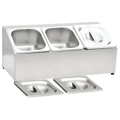 KRD stainless steel condiment holder with 3 GN1/6 pans and lids for commercial kitchens