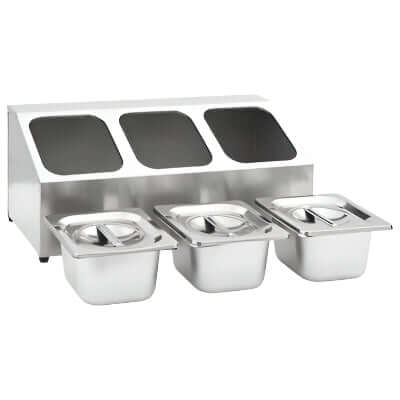 KRD stainless steel condiment holder with 3 GN1/6 pans and lids, ideal for commercial food service.