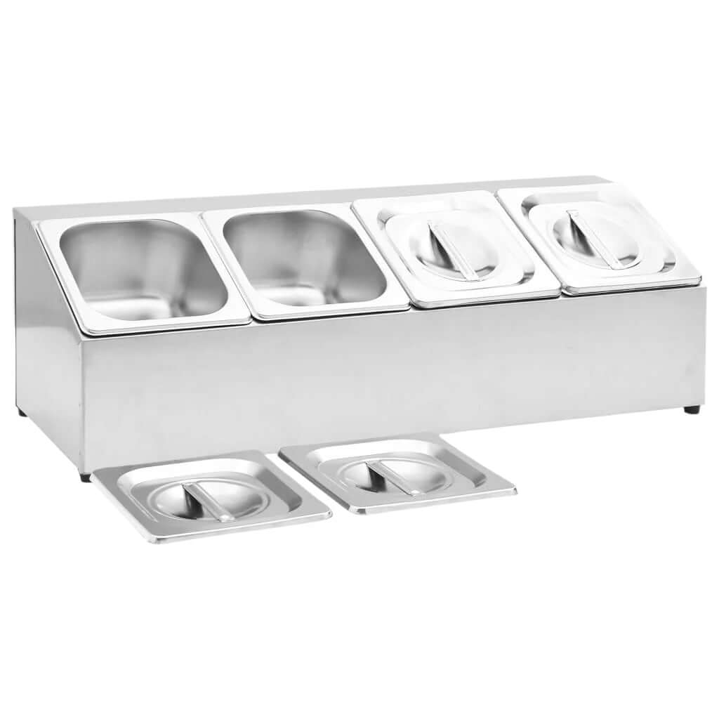 KRD Commercial stainless steel condiment holder with 4 GN1/6 pans and lids, ideal for restaurants and food service.