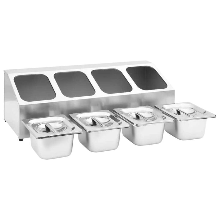 KRD stainless steel condiment holder with 4 GN1/6 pans and lids, ideal for commercial food service.