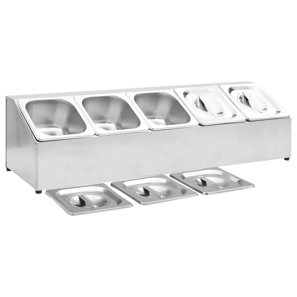 KRD stainless steel condiment holder with 5 GN1/6 pans and lids for commercial use.