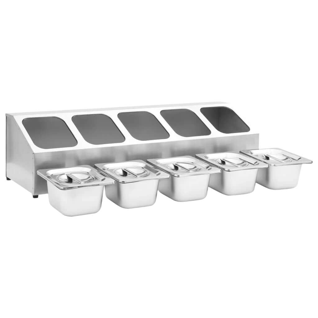 KRD stainless steel condiment holder with 5 GN1/6 pans and lids, perfect for commercial food presentation.