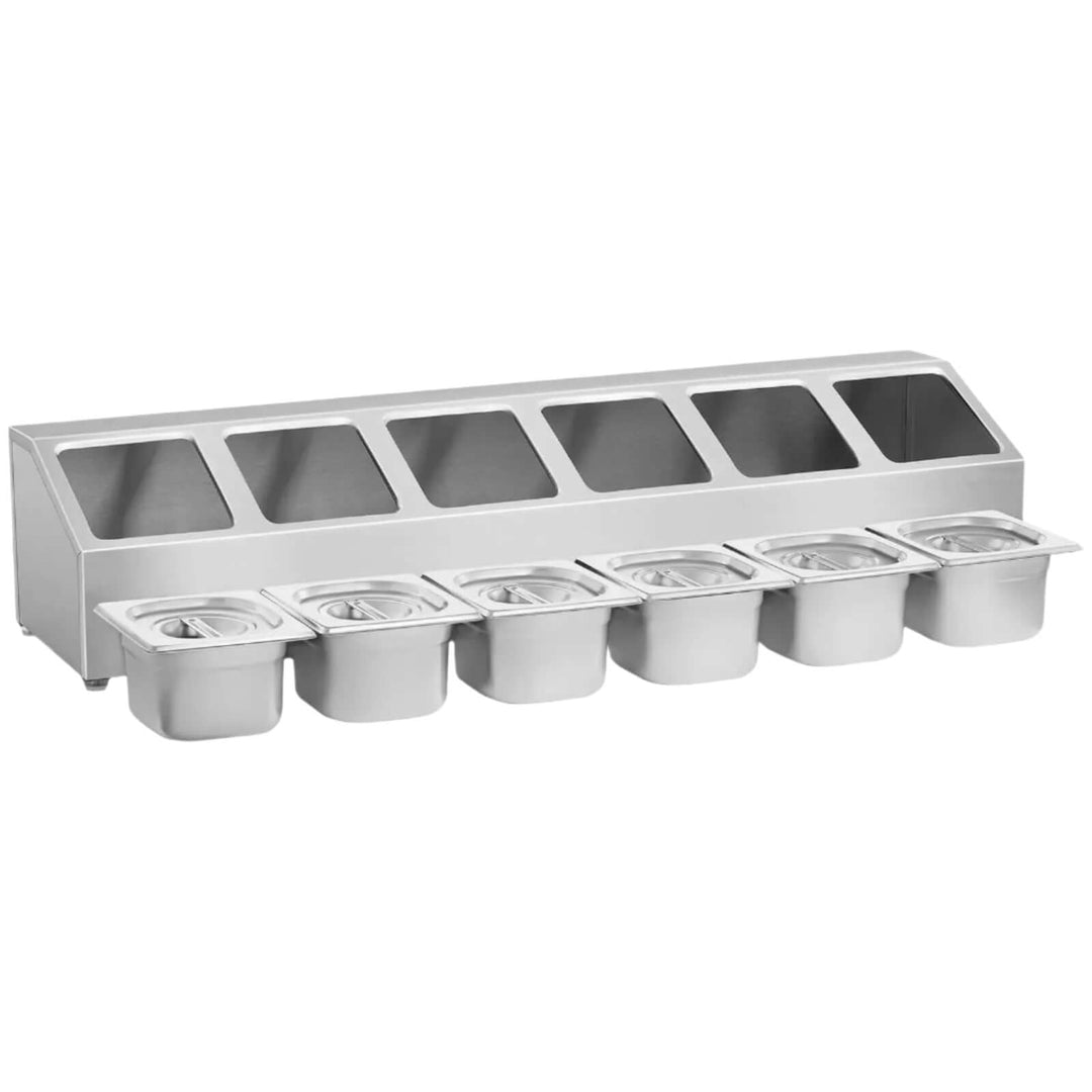 KRD commercial stainless steel condiment holder with 6 GN1/6 pans and lids for restaurants.