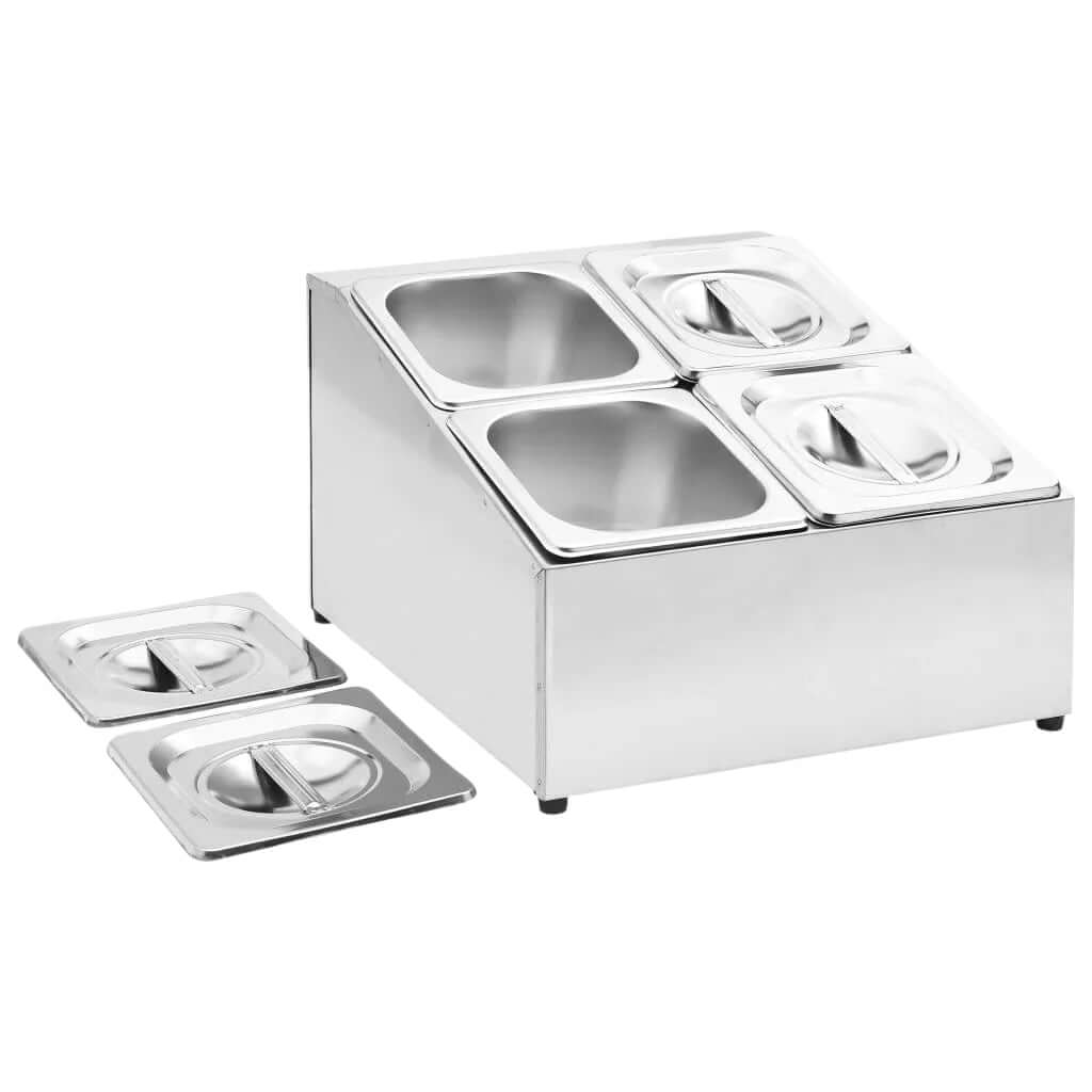 KRD Commercial Condiment Holder with 4 GN1/6 pans and lids in stainless steel for food preparation.