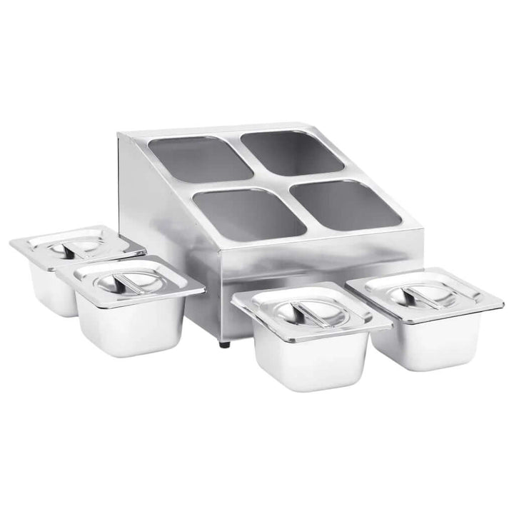 KRD Commercial Condiment Holder with 4 GN1/6 stainless steel pans and lids, ideal for food presentation and preparation.