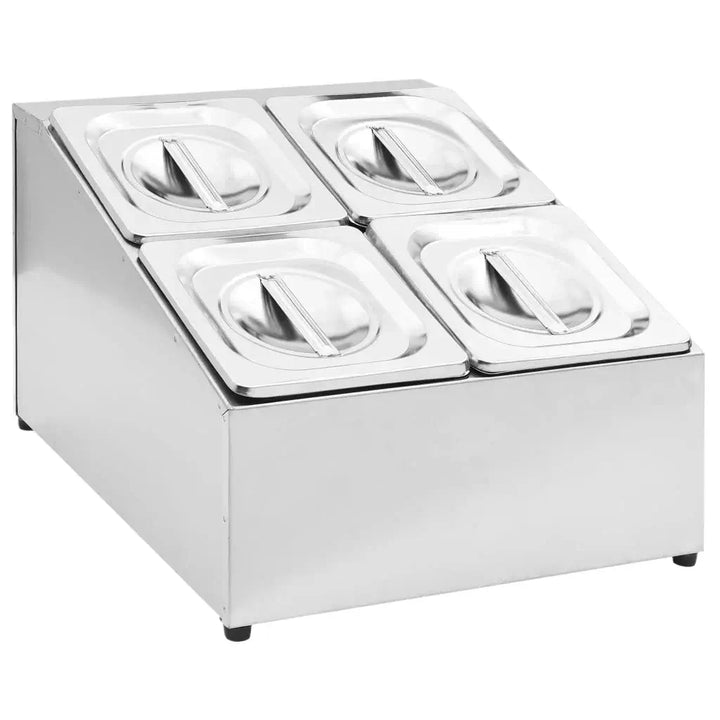 KRD Commercial Condiment Holder with 4 GN1/6 pans, stainless steel design for durable food presentation.