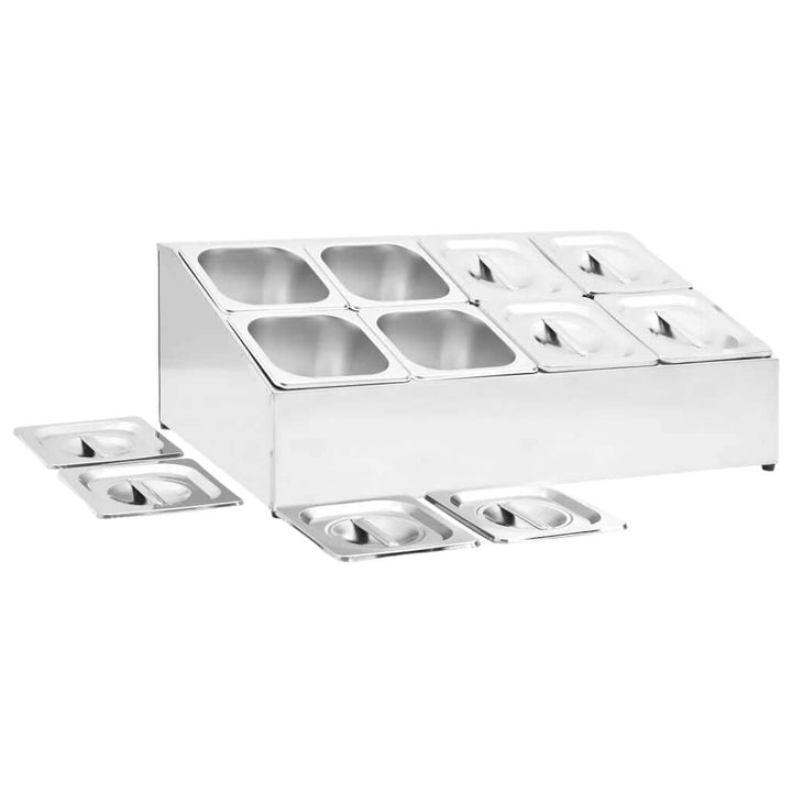 KRD commercial condiment holder with 8 GN1/6 pans and lids, made of durable stainless steel for easy cleaning.