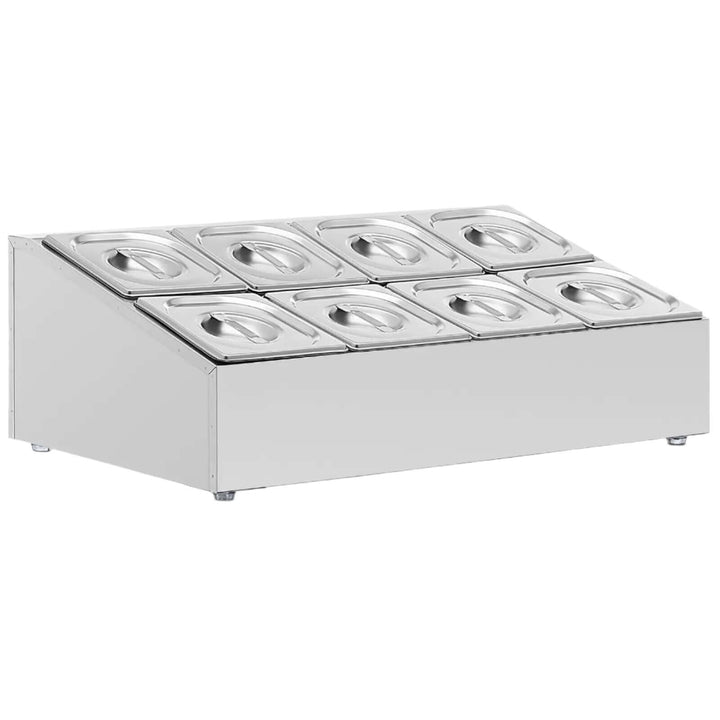 KRD commercial condiment holder with 8 GN1/6 pans and lids, durable stainless steel design for food presentation.