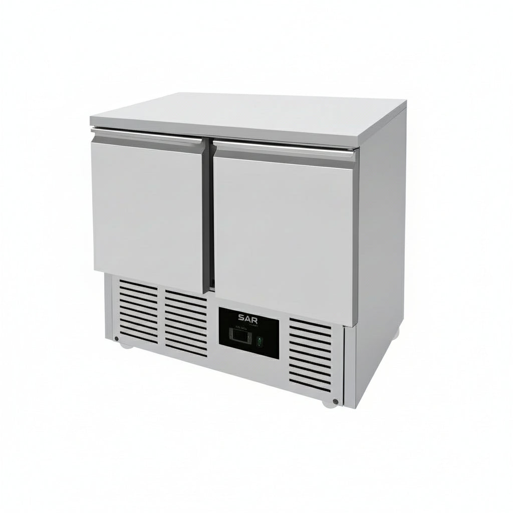 KRD Refrigerated Counter 2 doors Depth 700mm 240 Litres, stainless steel commercial fridge for restaurant kitchen use.