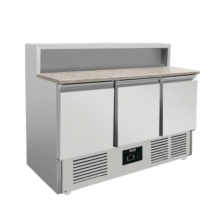 KRD Saladette Prep Table 3 doors Granite Pizza top 8x GN 1/6 Depth 700mm 400L for commercial kitchen use.