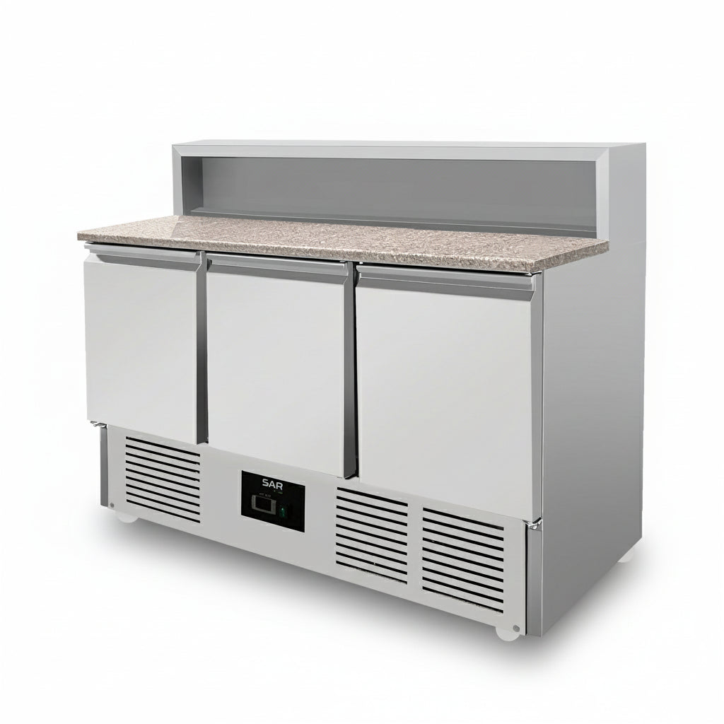 KRD Saladette Prep Table 3 doors Granite Pizza top 8x GN 1/6 Depth 700mm 400L with stainless steel construction and granite work surface.