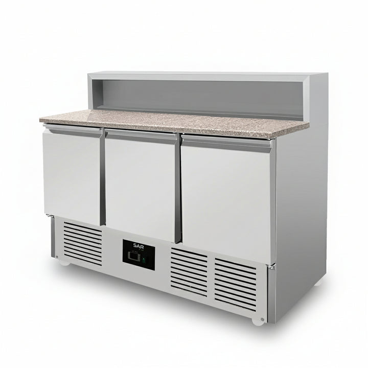 KRD Saladette Prep Table 3 doors Granite Pizza top 8x GN 1/6 Depth 700mm 400L with stainless steel construction and granite work surface.