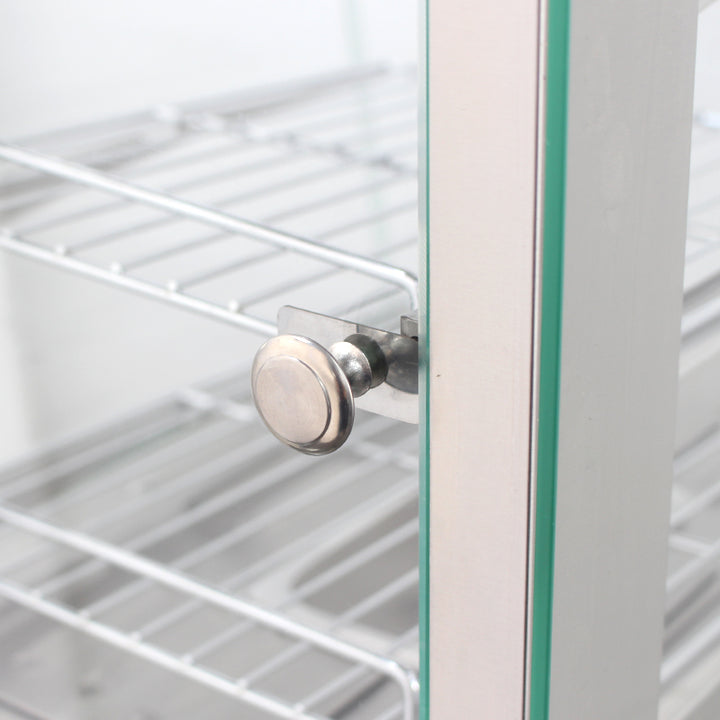 Close-up of KRD Commercial Display Showcase 1KW KR-701 door handle, showcasing its durable food-grade material and adjustable shelf design, ideal for commercial catering equipment.