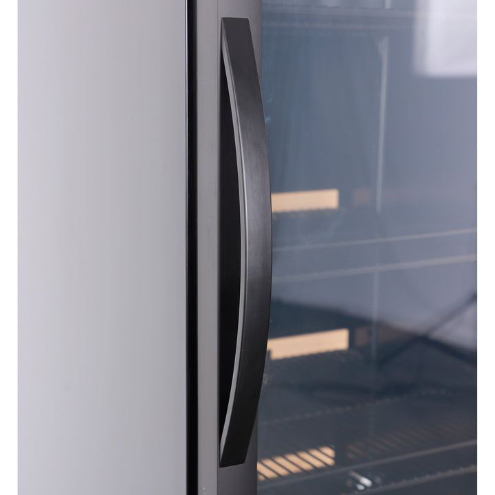 KRD Upright Single Door Glass Display Refrigerator Black 61cm LGX426WL handle close-up, showcasing commercial catering equipment design.