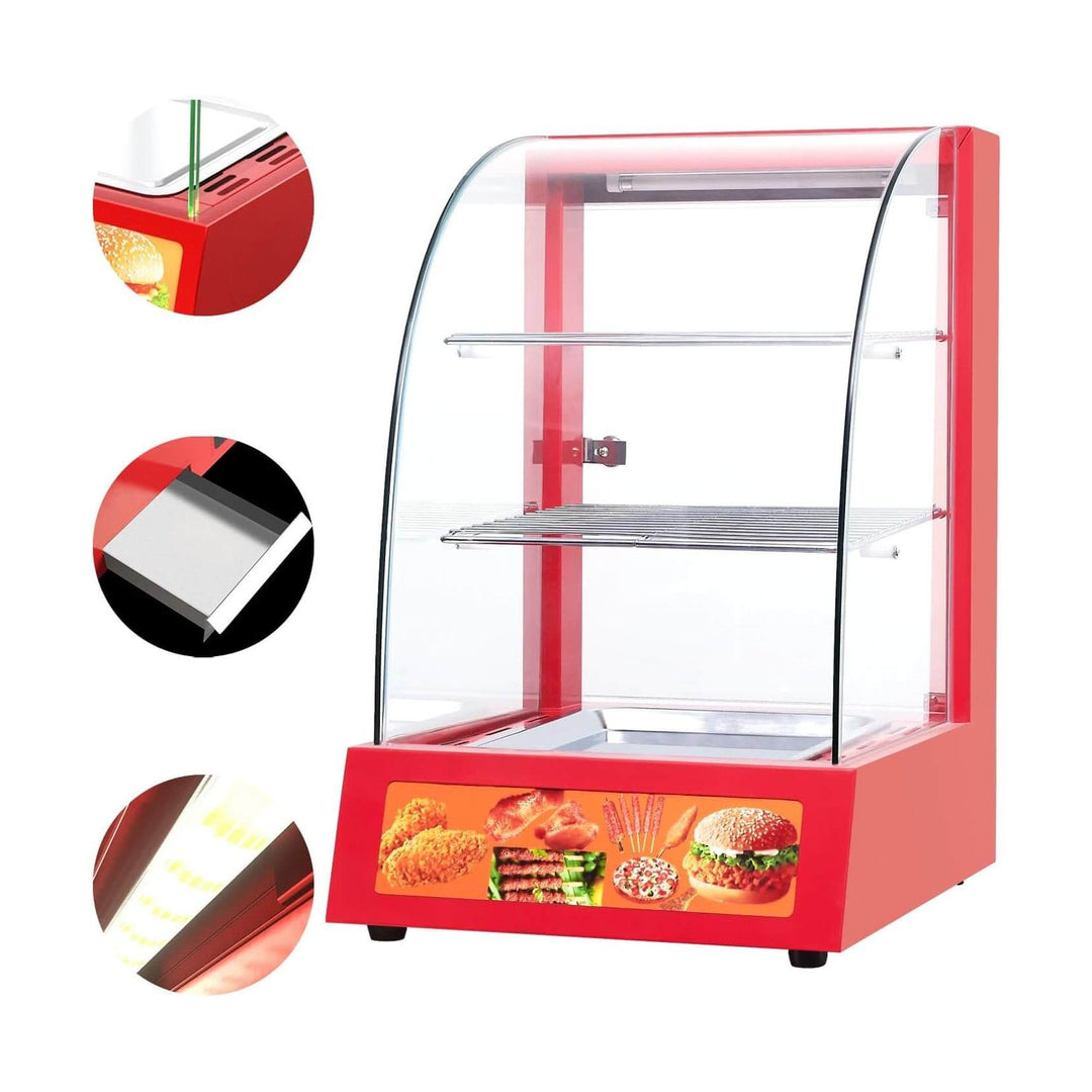 KRD Commercial Red Hot Food Chicken Warmer Display Cabinet Showcase 38cm with glass shelves and stainless steel tray, ideal for hot food display.