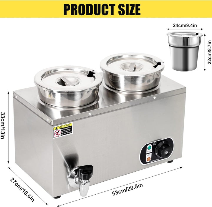 KRD Commercial Round Bain Marie 2 Hot pots 2x 6.5 litres Countertop with Drain Tap