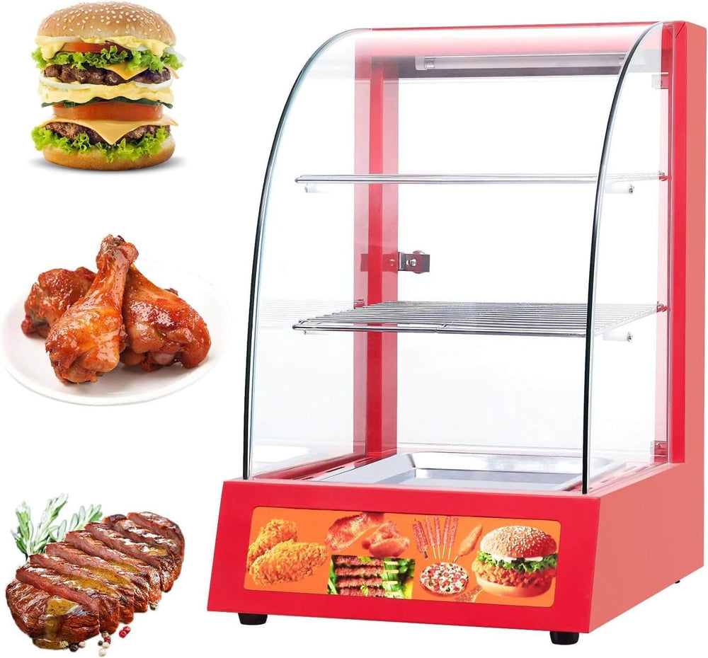 KRD Commercial Red Hot Food Chicken Warmer Display Cabinet Showcase 38cm with clear glass for showcasing hot food items.