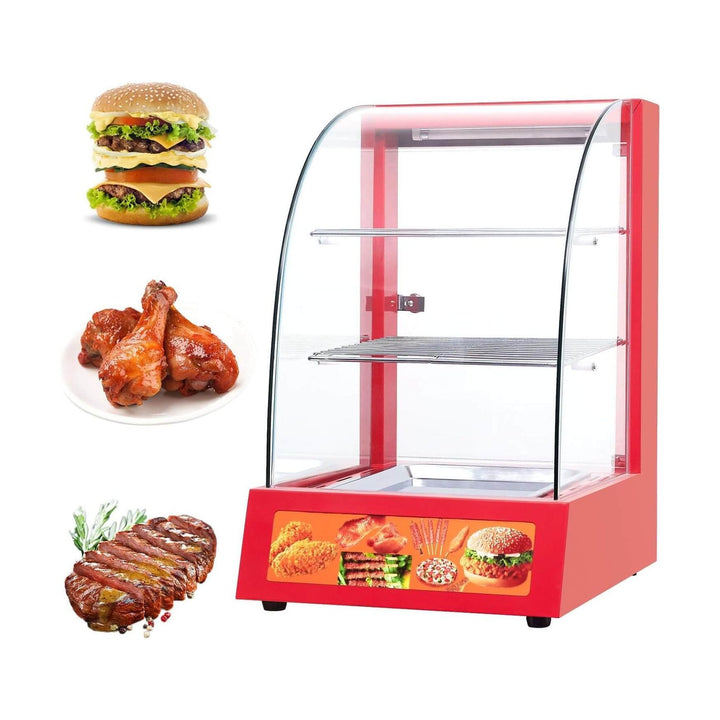 KRD Commercial Red Hot Food Chicken Warmer Display Cabinet Showcase 38cm with clear glass for showcasing hot food items.