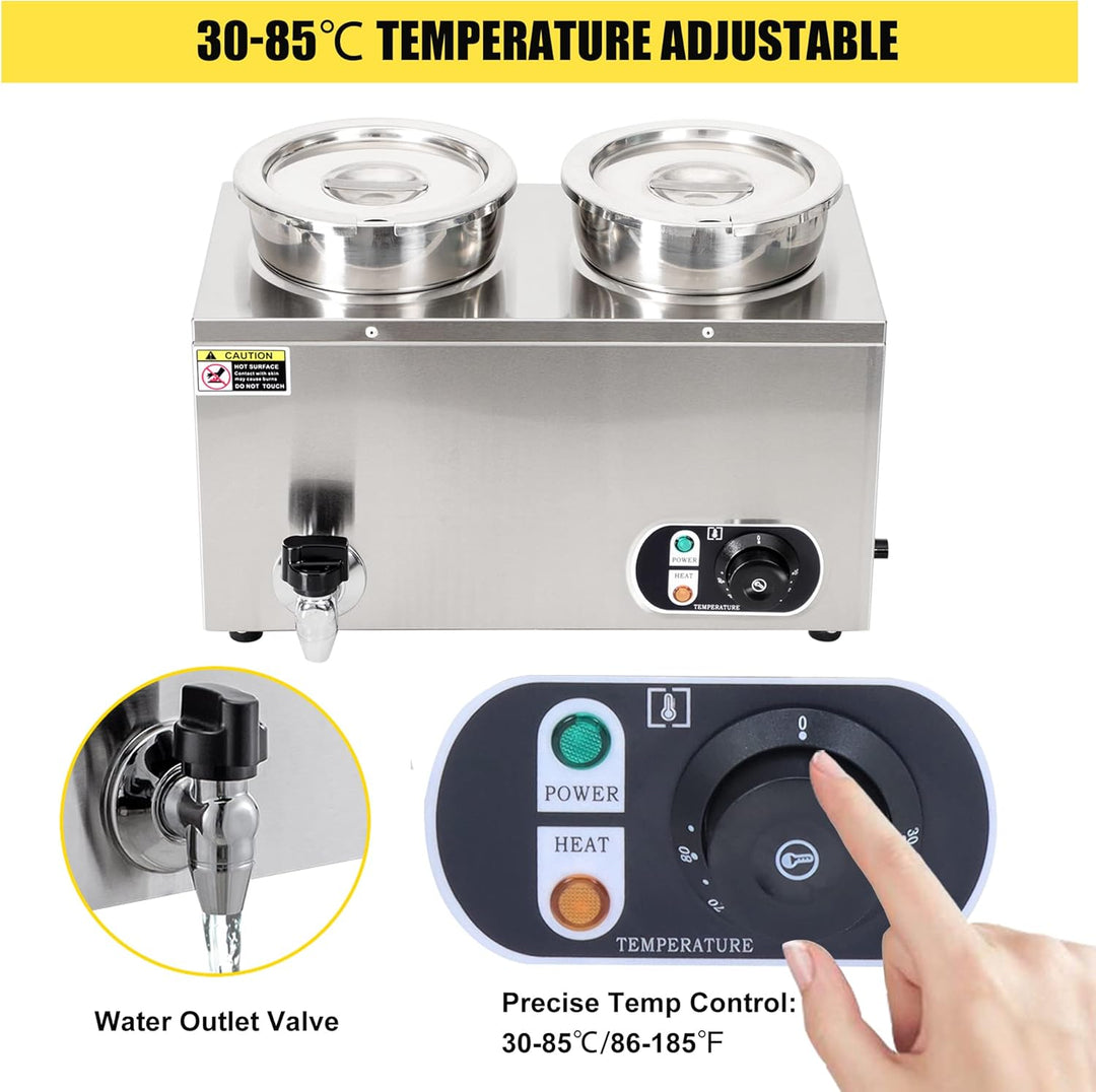 KRD Commercial Round Bain Marie 2 Hot pots 2x 6.5 litres Countertop with Drain Tap