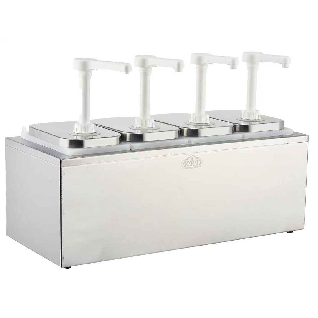 KRD Condiment/Sauce Dispenser with Plastic Pump 4 x 2 Litre, stainless steel, commercial kitchen equipment for efficient portion control.