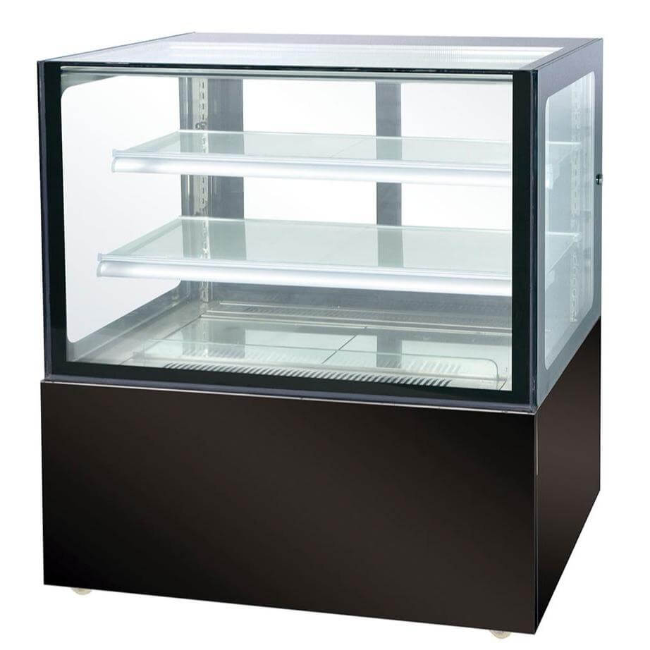 KRD Cake counter Straight front 900*680*1250mm 2 shelves Black base LED with glass display for commercial kitchen equipment.