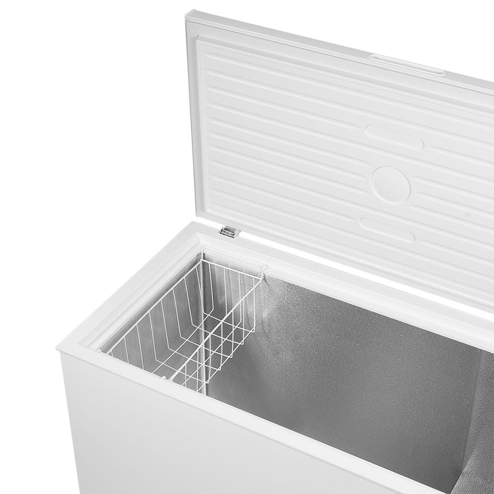 KRD Commercial Chest freezer with solid white lid and interior storage basket, 270 litres capacity, 115cm wide.