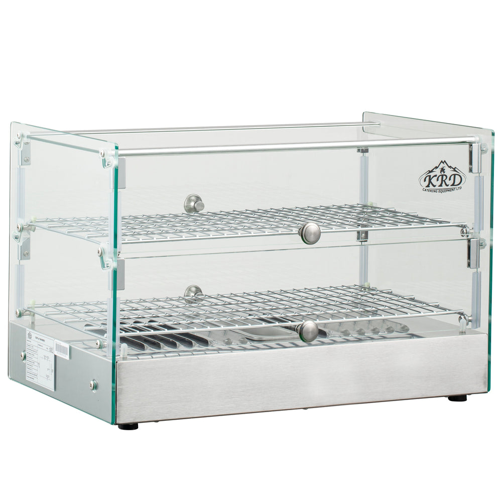 Glass display case with metal shelves on a white background, featuring the KRD logo.