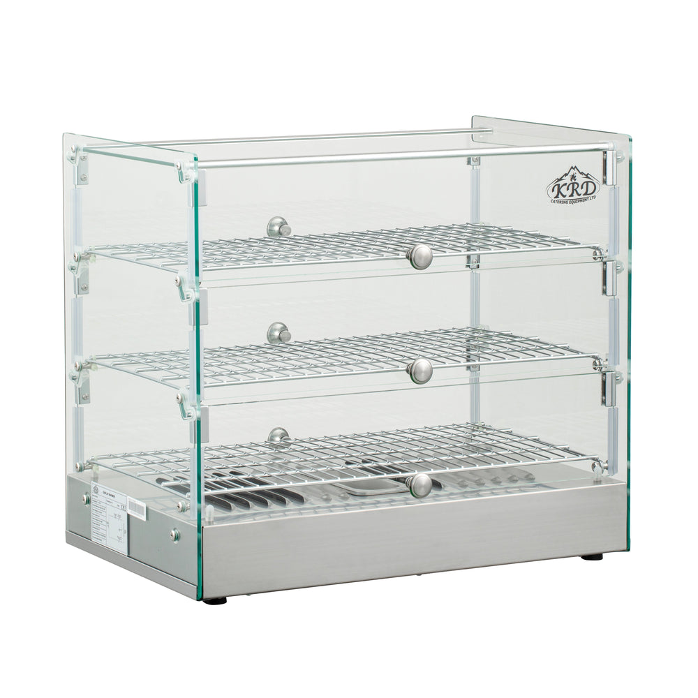 KRD Countertop 3 Tier Heated Display Cabinet 65 Litres Stainless Steel XCR65L for commercial catering use with adjustable temperature.