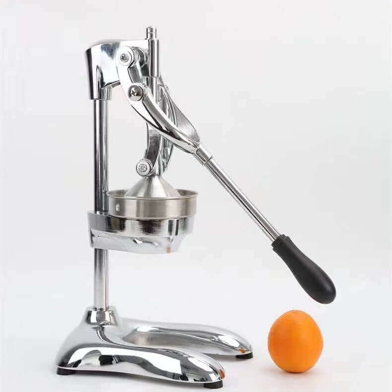 KRD Manual Fruit Juicer Extractor in stainless steel with a fresh orange, designed for efficient citrus juice extraction.