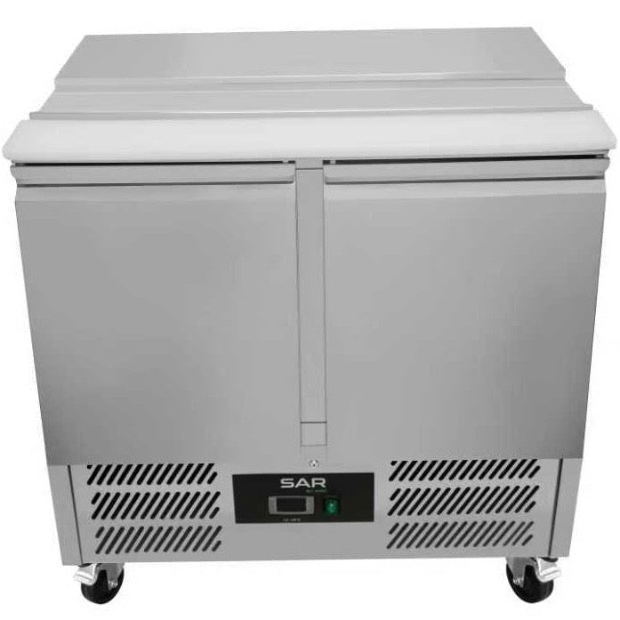 KRD Commercial 2 Door Prep Counter Fridge Saladette refrigerator used for meal preparation and storage in commercial kitchens.