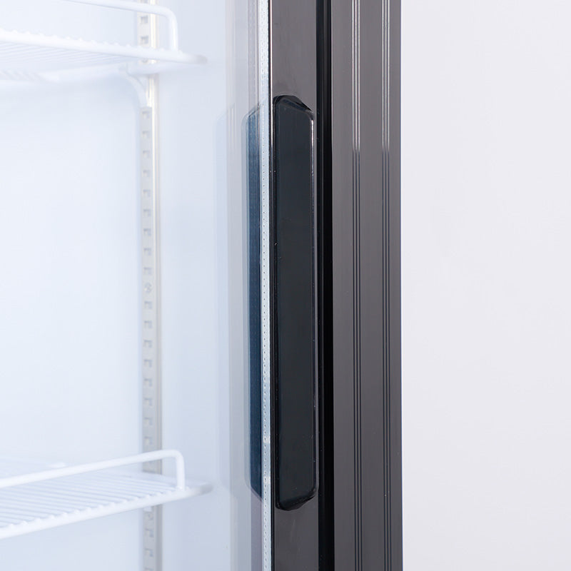 KRD Commercial Double Bottle Cooler Fridge 2 Sliding Glass Door 108cm LGF800S door handle detail with glass door and interior shelves.