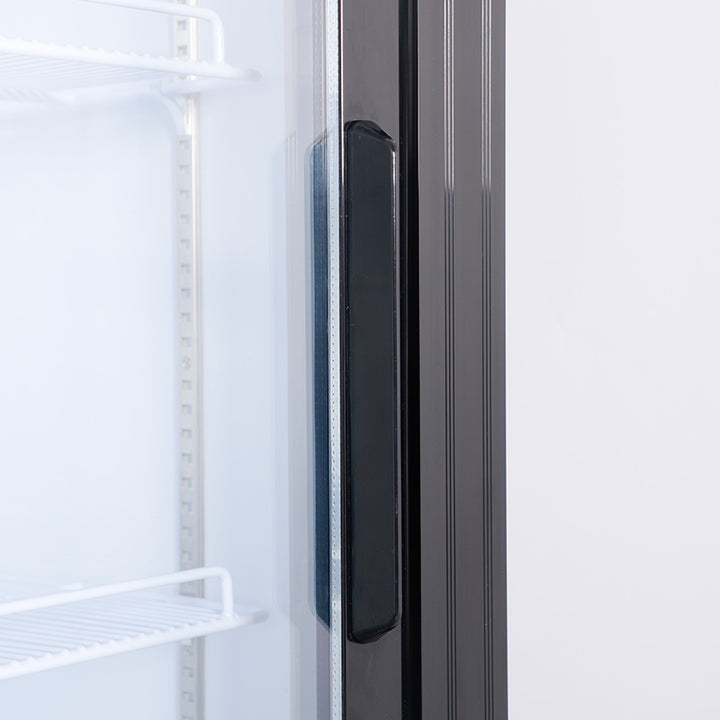 KRD Commercial Double Bottle Cooler Fridge 2 Sliding Glass Door 108cm LGF800S door handle detail with glass door and interior shelves.