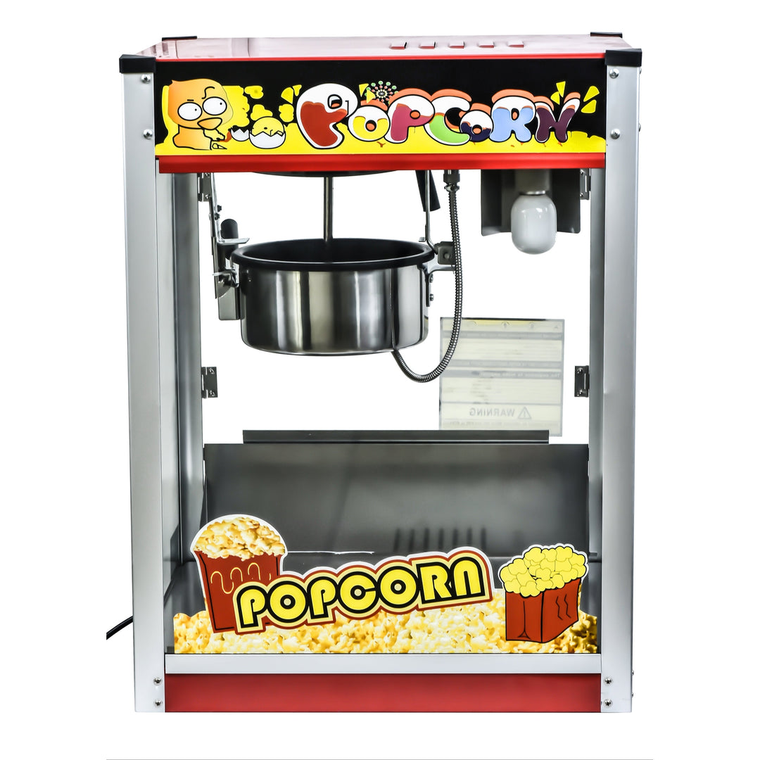 KRD Commercial Tabletop Electric popcorn machine 1400KW KRP-6A with stainless steel pot and vibrant popcorn design.