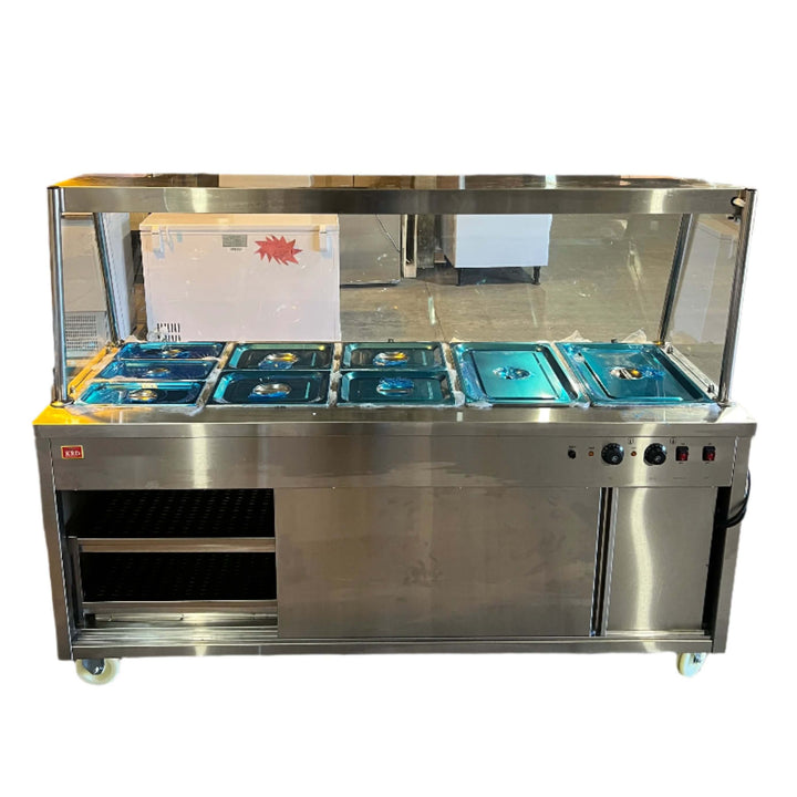 KRD Professional Bain Marie Hot Cupboard with Glass front Heated Display 180cm 5x GN1/1