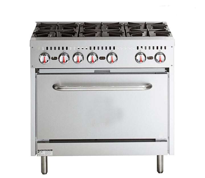 KRD Professional Stainless Steel Gas Range Oven (8kW/hr) with 6 Burners (36kW/hr) and Removable Overshelf