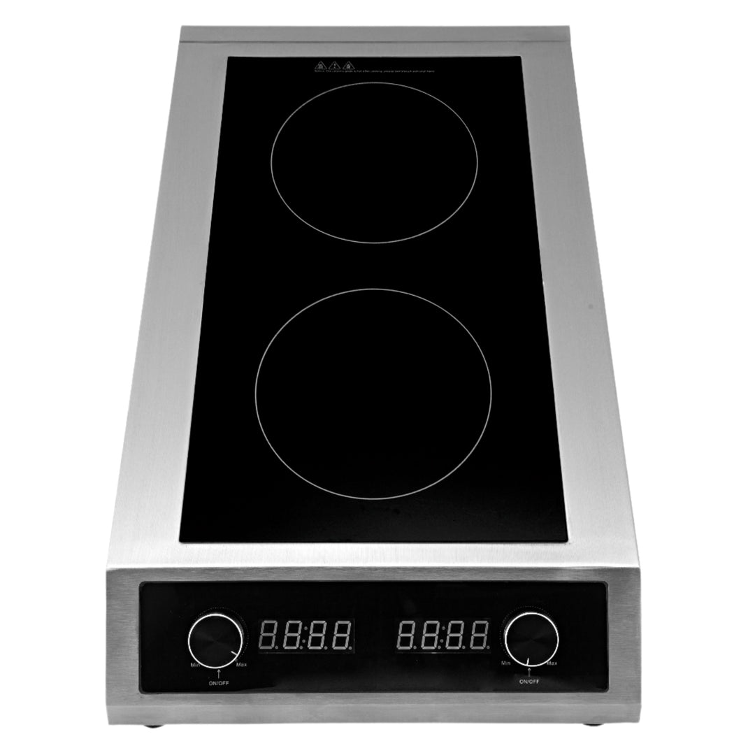 KRD Professional Induction Cooker 7kW AMCD201, stainless steel, two burners, digital control panel, commercial kitchen use.