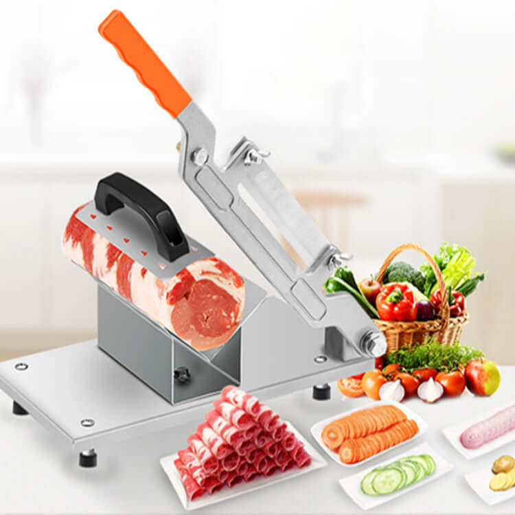 KRD professional manual meat slicer in stainless steel, designed for easy slicing of frozen meat and vegetables.