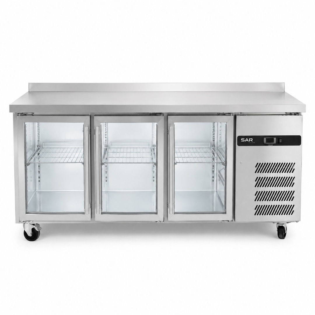 KRD Commercial Refrigerated Counter 3 glass doors Depth 700mm Upstand GN3200TNG